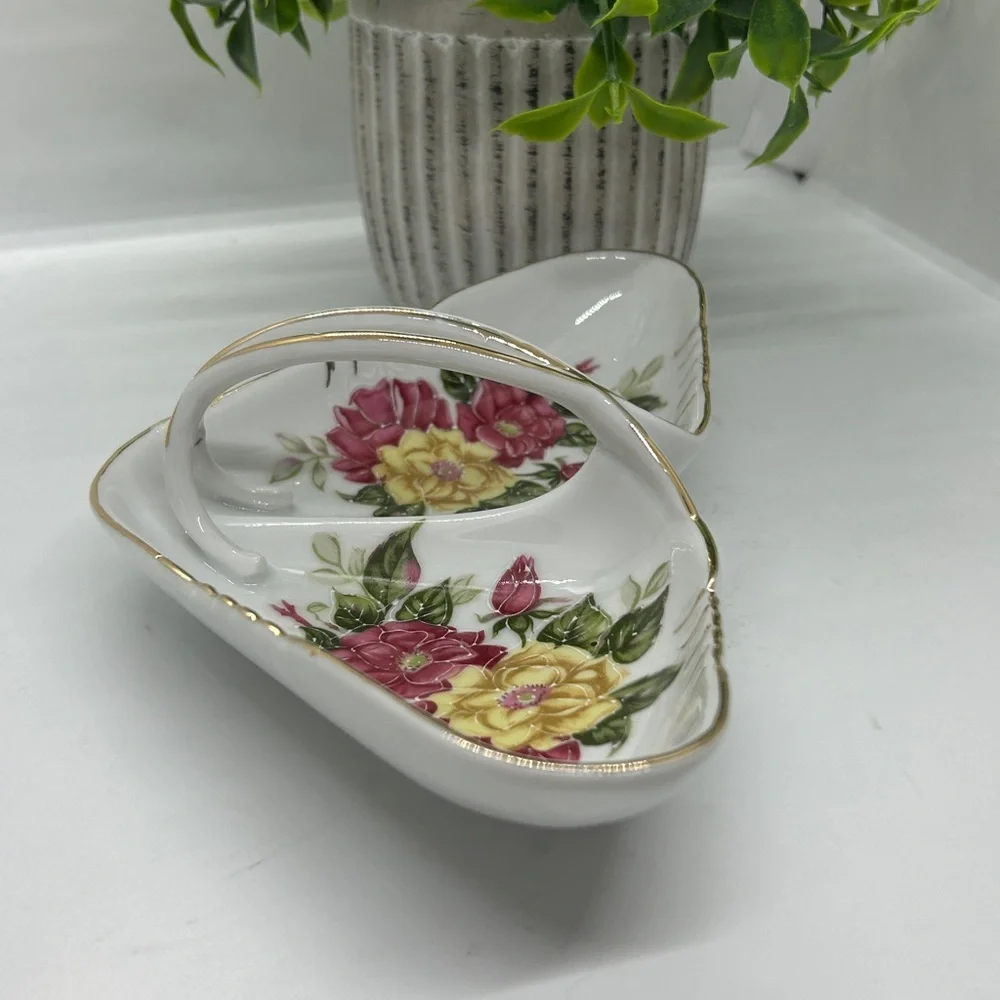 Floral Ceramic Dish with Gold Accent